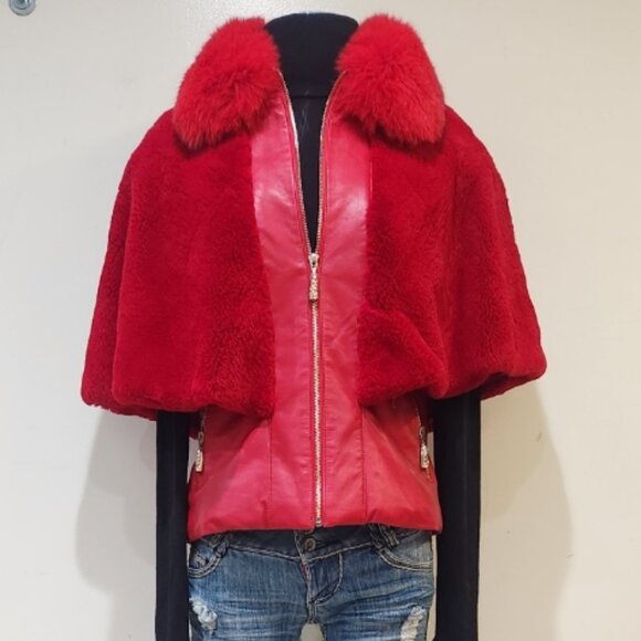 💥STUNNING!💥VTG 100% Lamb Leather, Genuine Fox & Rabbit Fur Cape Vest in Red - Picture 7 of 16
